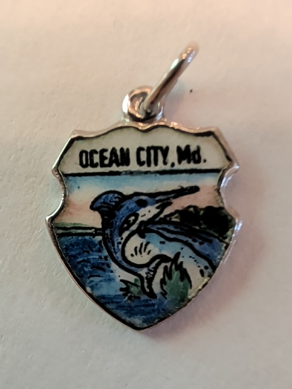 Ocean City Md. Dolphin Shield Charm Sterling Silver
